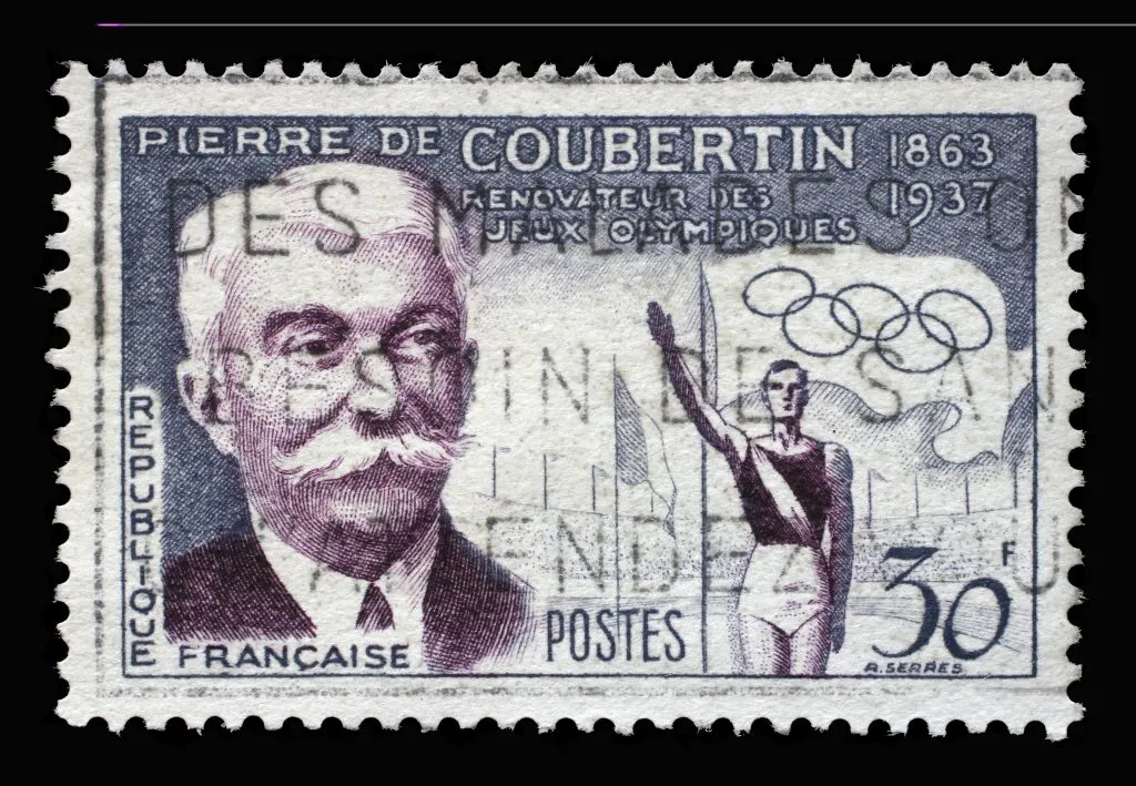 Estampita de la época, con Pierre de Coubertin como protagonista (IMAGO)