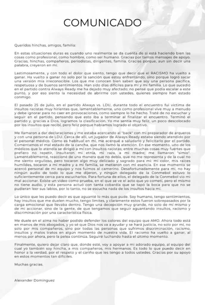 El duro comunicado de Alexander Domínguez en redes sociales. (Foto: @alexander_domingues_22)