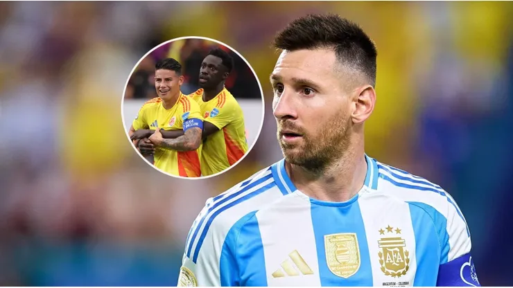 James Rodríguez, Dávinson Sánchez y Leo Messi.