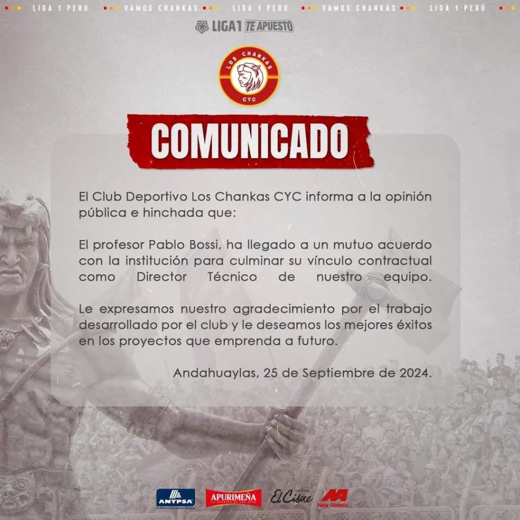 Comunicado de Los Chankas sobre Pablo Bossi. (Foto: Los Chankas).
