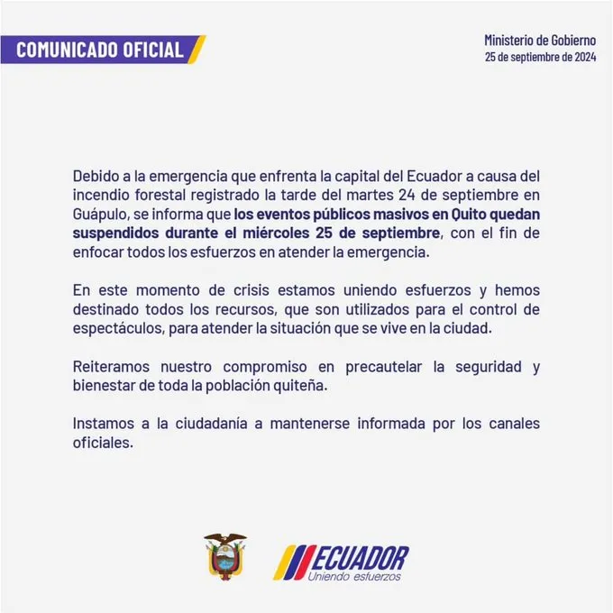 El comunicado del Ministerio del Gobierno sobre los eventos en Quito.