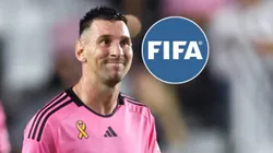 Lionel Messi y el logo de la FIFA.