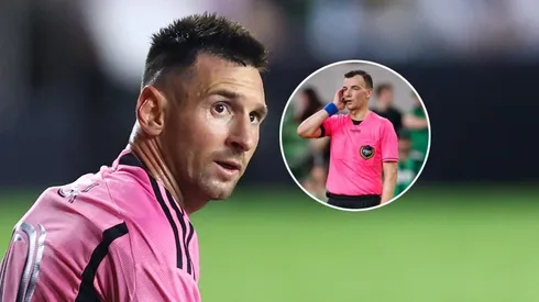 Messi y el árbitro Sergii Boiko.