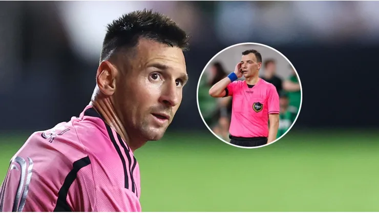 Messi y el árbitro Sergii Boiko.