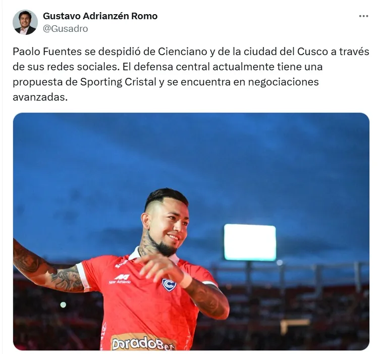 Paolo Fuentes jugando para Cienciano. (Foto: X Gustavo Adrianzén)