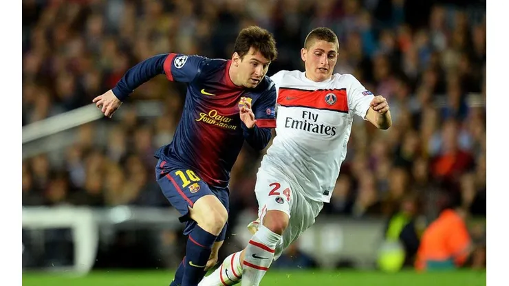 Marco Verratti marcando a Lionel Messi.