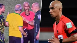 El cruce entre jugadores del Bucaramanga con el árbitro Diego Escalante.