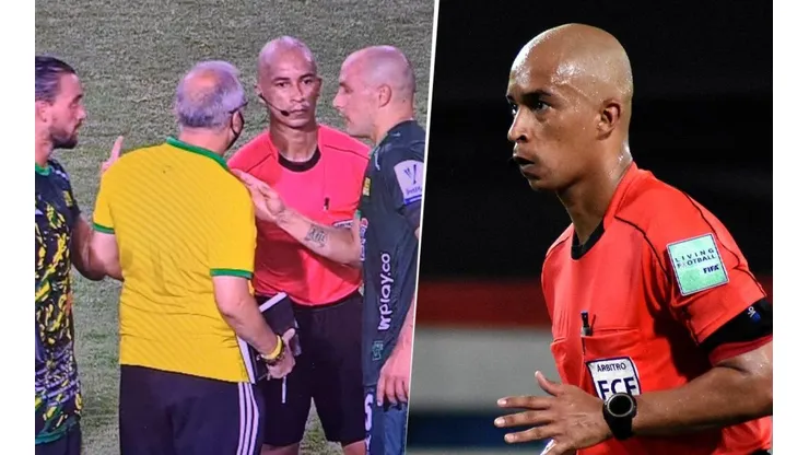 El cruce entre jugadores del Bucaramanga con el árbitro Diego Escalante.
