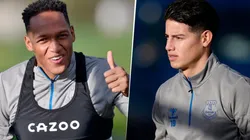 Yerry Mina y James Rodríguez, en el último entrenamiento del Everton.
