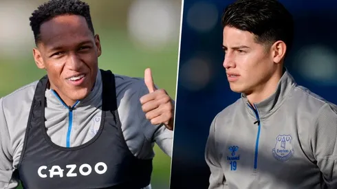 Yerry Mina y James Rodríguez, en el último entrenamiento del Everton.