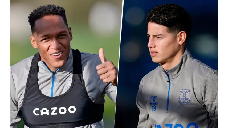 Yerry Mina y James Rodríguez, en el último entrenamiento del Everton.