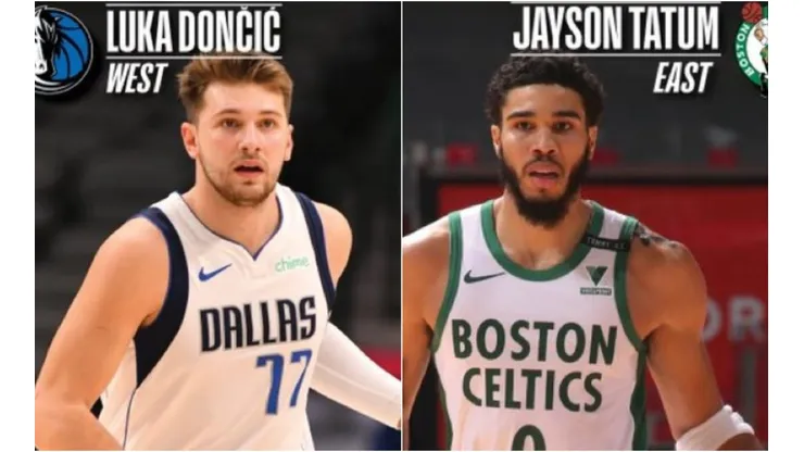 Luka Doncic y Jayson Tatum (Foto: @E_Woodyard)