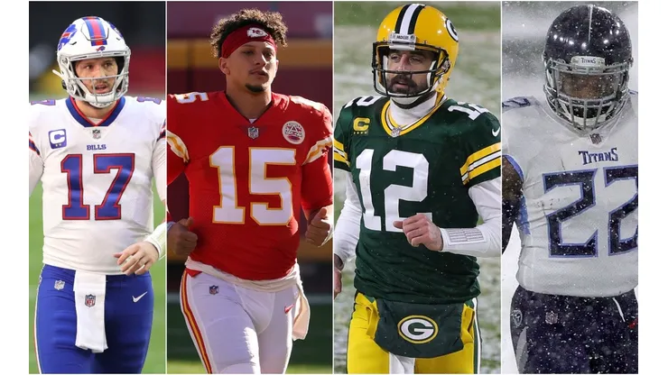 Josh Allen, Patrick Mahomes, Aaron Rodgers y Derrick Henry