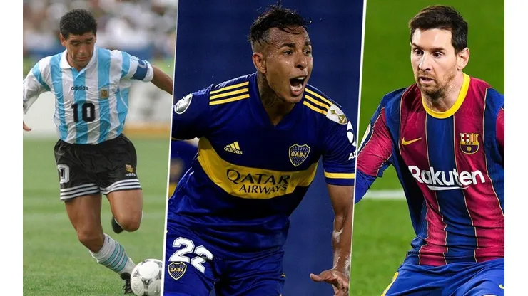 Diego Maradona, Sebastián Villa y Lionel Messi.