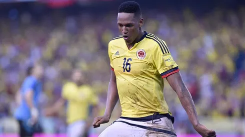 Yerry Mina y su celebración la última vez que le anotó gol a Uruguay.