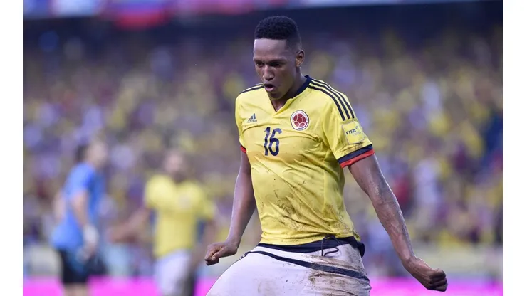 Yerry Mina y su celebración la última vez que le anotó gol a Uruguay.