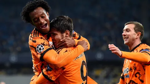 Álvaro Morata festeja su gol en Champions tras la asistencia de Juan Guillermo Cuadrado