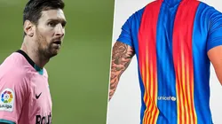 Foto de Lionel Messi y la nueva camiseta de Barcelona.