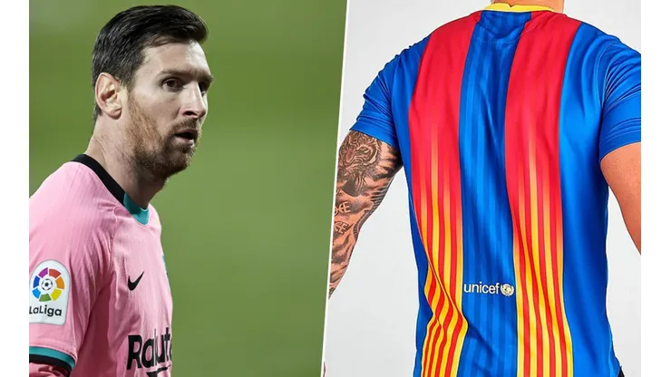 Foto de Lionel Messi y la nueva camiseta de Barcelona.