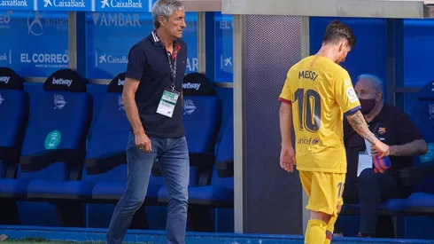 Foto de Quique Setien con Lionel Messi.