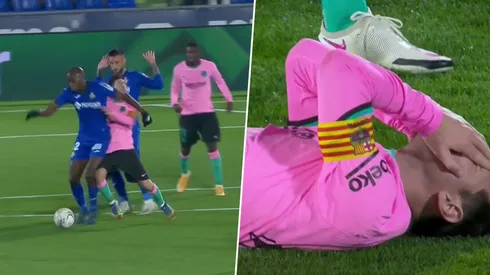 El codazo de Allan Nyom a Lionel Messi.