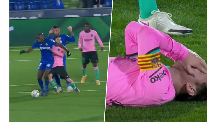El codazo de Allan Nyom a Lionel Messi.