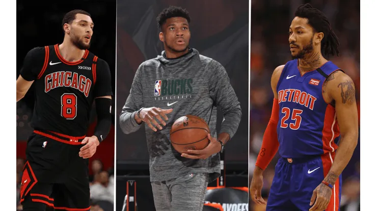 Zach LaVine, Giannis Antetokounmpo y Derrick Rose (Getty Images)