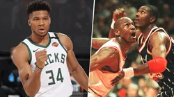 Giannis Antetokounmpo, Michael Jordan y Hakeem Olajuwon (Getty Images)