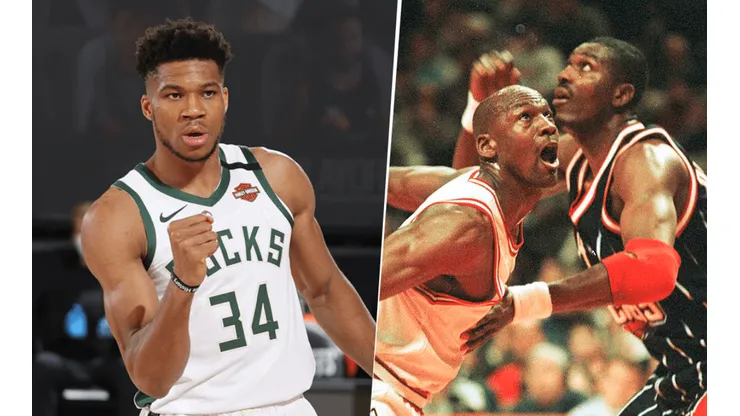 Giannis Antetokounmpo, Michael Jordan y Hakeem Olajuwon (Getty Images)