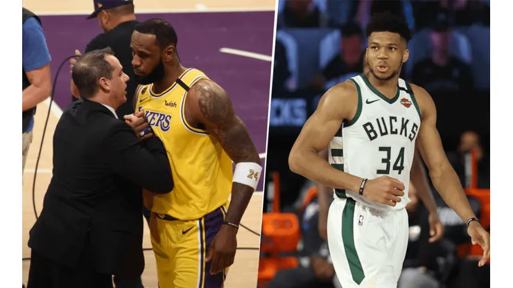 Frank Vogel, LeBron James y Giannis Antetokounmpo (Getty Images)