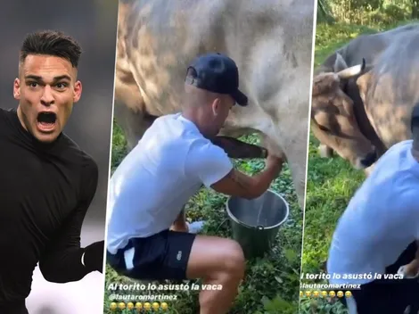 Lautaro Martínez ordeñó a una vaca y se pegó el susto de su vida