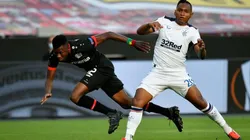 Alfredo Morelos en su visita al Bay Arena para enfrentar al Bayer Leverkusen por la UEFA Europa League.