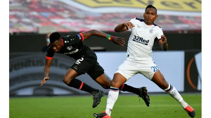 Alfredo Morelos en su visita al Bay Arena para enfrentar al Bayer Leverkusen por la UEFA Europa League.
