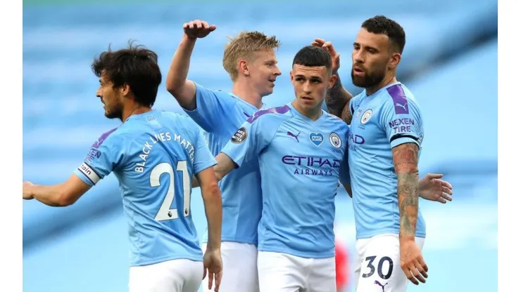 La celebración de los jugadores de Manchester City.