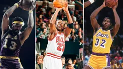 Wilt Chamberlain, Michael Jordan y Earvin ‘Magic’ Johnson. Foto: Getty Images.