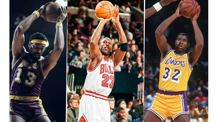 Wilt Chamberlain, Michael Jordan y Earvin ‘Magic’ Johnson. Foto: Getty Images.