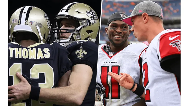 Michael Thomas, Drew Brees, Julio Jones y Matt Ryan. Foto: Getty Images.