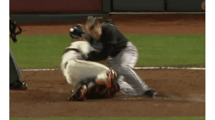 Buster Posey en el choque contra Scott Cousins. Foto: captura de pantalla ESPN.