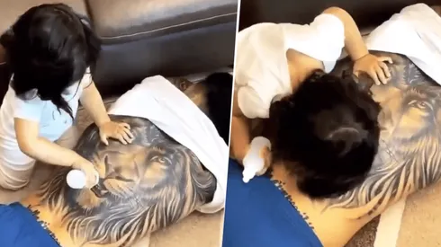 Driussi subió video de su hija "alimentando" al león que tiene en la espalda