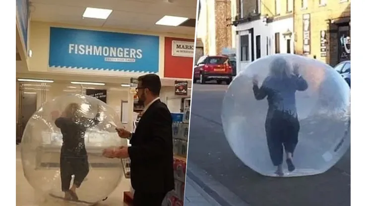 Para evitar al coronavirus, fue a hacer las compras ¡en una pelota inflable!