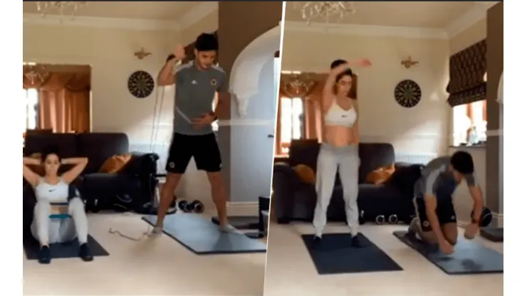 Raúl Jiménez y Daniela Basso entrenan en cuarentena.
