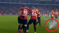 El momento exacto en que una botella de agua golpea a uno de los compañeros de Falcao.