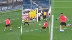 Así fueron los tres goles que se apuntó James en el último entrenamiento del Real Madrid.