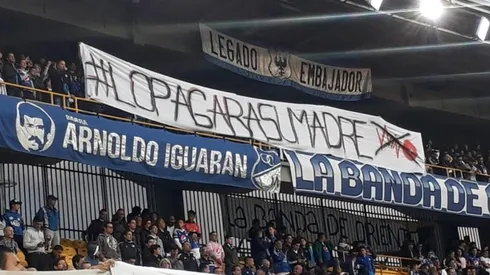 La pancarta que fue censurada en el duelo entre Millonarios y Boyacá Chicó.