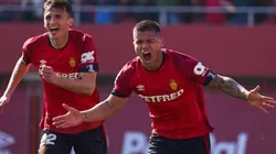 El festejo de Juan Camilo Hernández tras anotar su primer gol con el Mallorca.