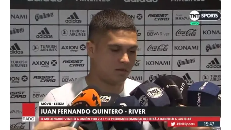 Juan Fernando Quintero tras el entrenamiento de River.