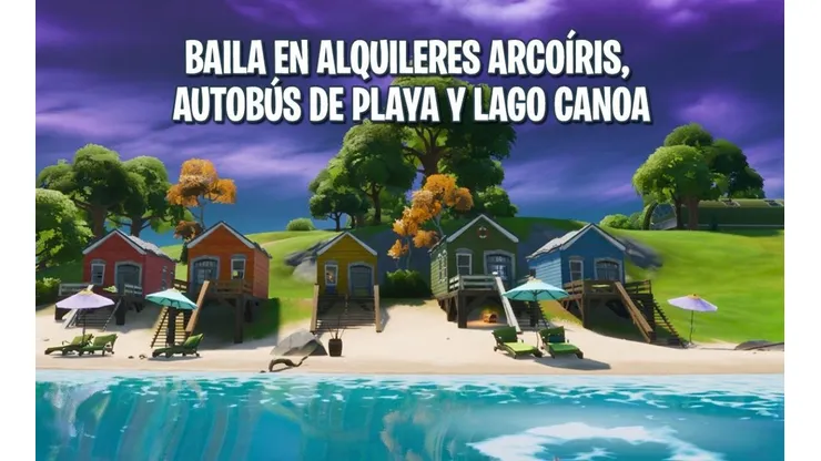 Desafío Fortnite: Baila en Alquileres Arcoíris, Autobús de Playa y Lago Canoa