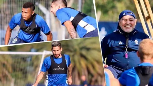 Diego Armando Maradona entrenando a Jonathan Agudelo y Harrison Mancilla.