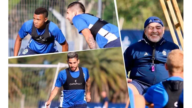 Diego Armando Maradona entrenando a Jonathan Agudelo y Harrison Mancilla.