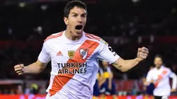 Ignacio Fernández festejando un gol a Boca.